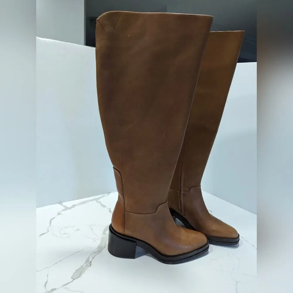NEW Franco Sarto Womens L-Dorica Wide Calf leather High Tall Boot Cognac 6.5 WC